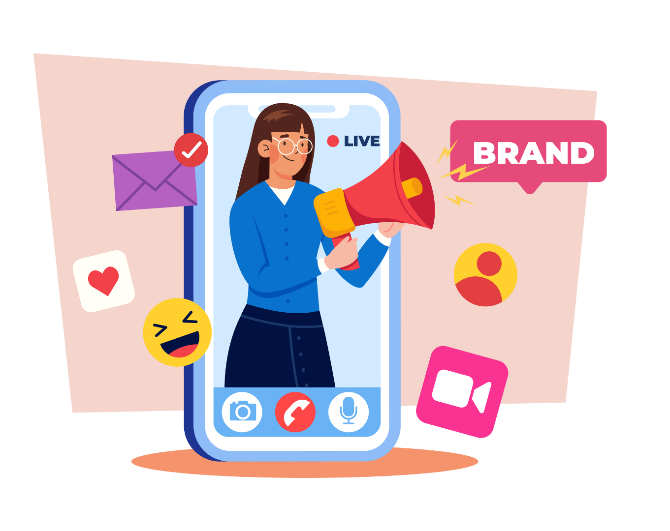 Woman on phone screen with megaphone promoting a brand, surrounded by social media icons.