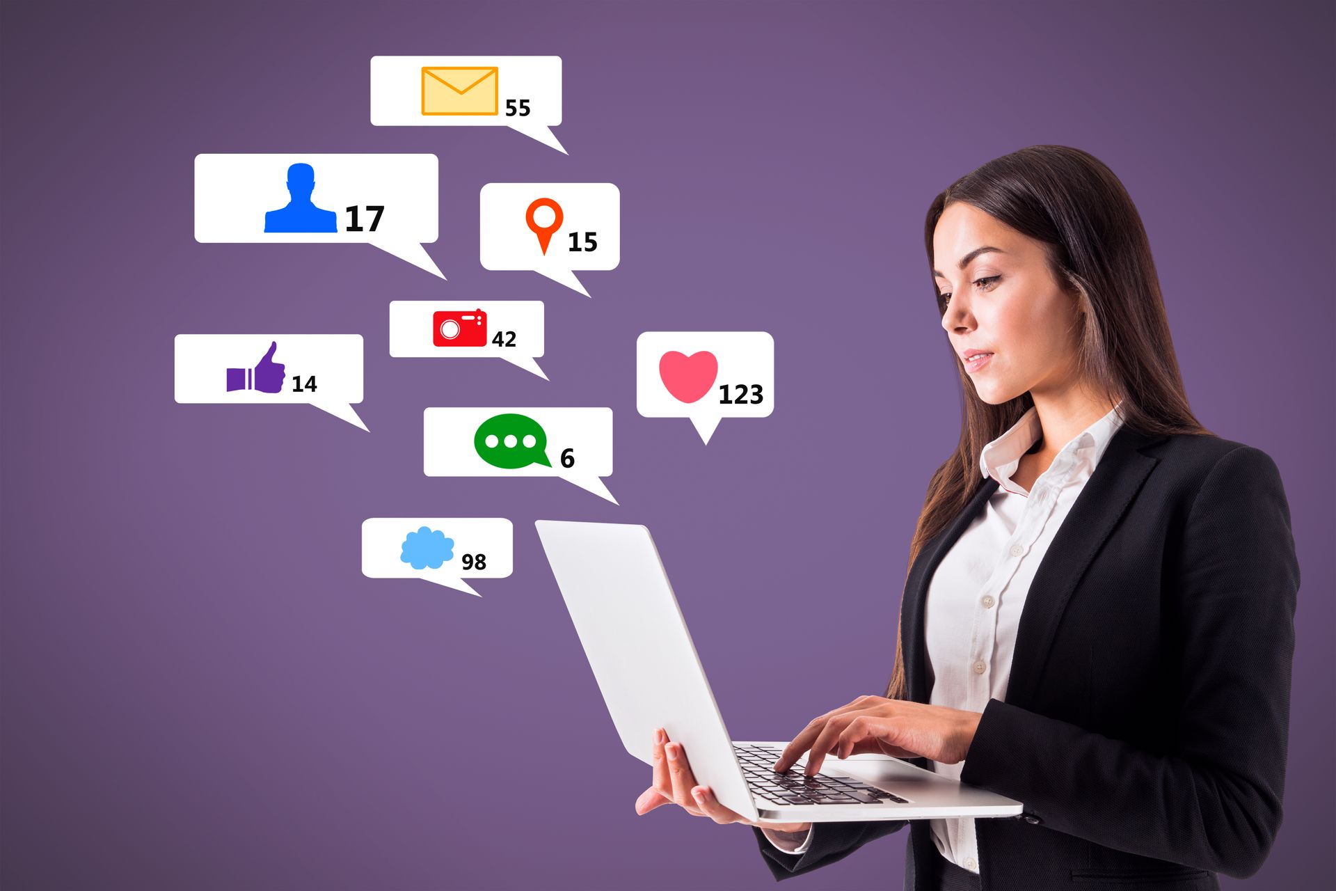 Woman in a suit using a laptop, with social media icons and notifications floating nearby. Purple background.