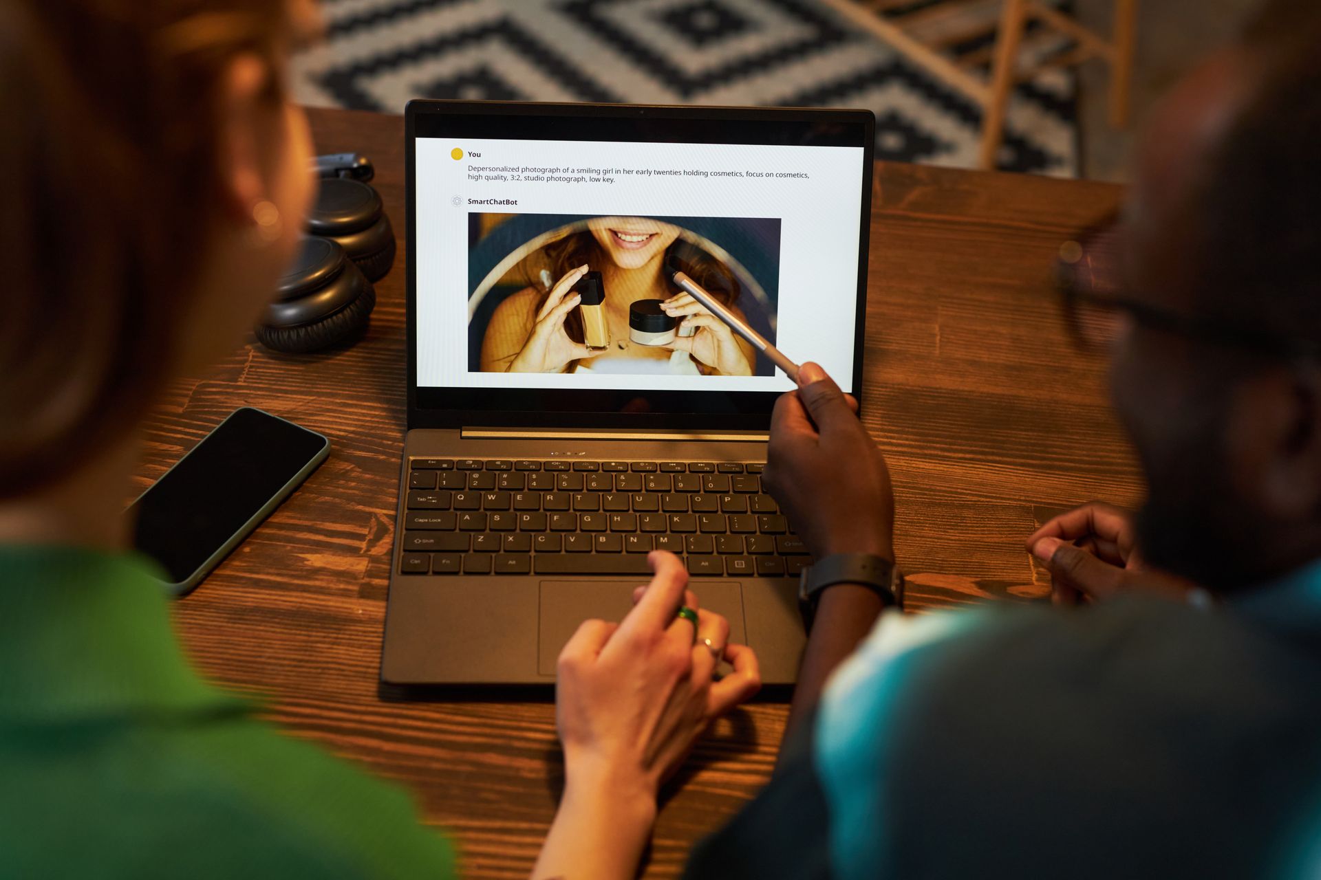 Two people looking at a laptop screen, pointing at a photo of a person holding food.