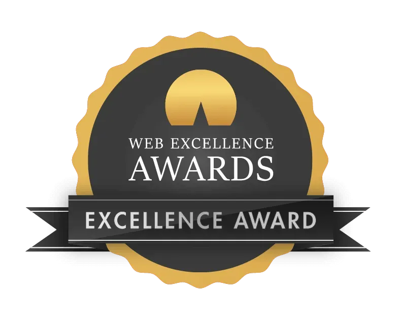 Web Excellence Awards logo: black and gold seal with banner reading