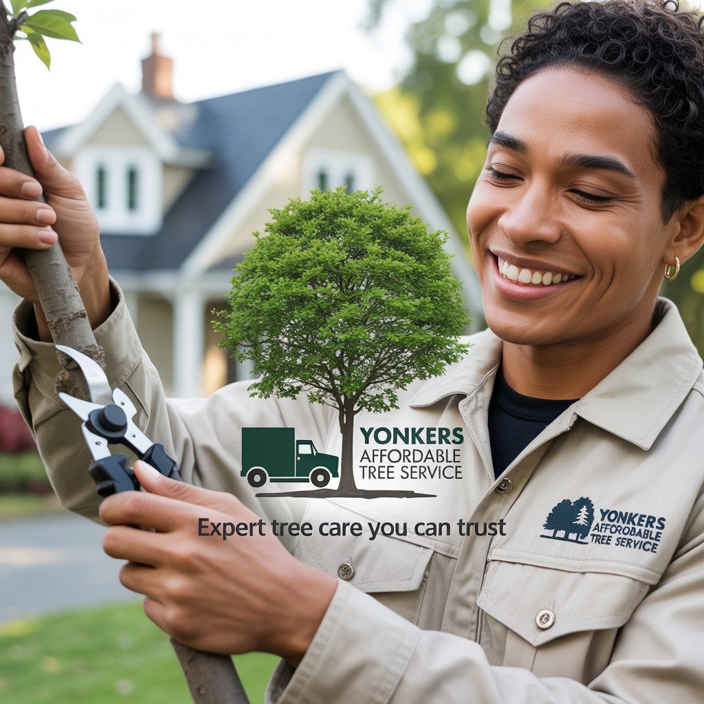 Smiling worker trimming a tree branch with pruners, logo of Yonkers Affordable Tree Service, house in background.