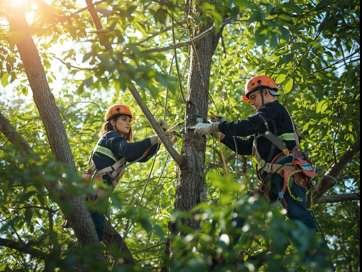 Two arborists in safety gear trimming tree branches in a sunny forest.