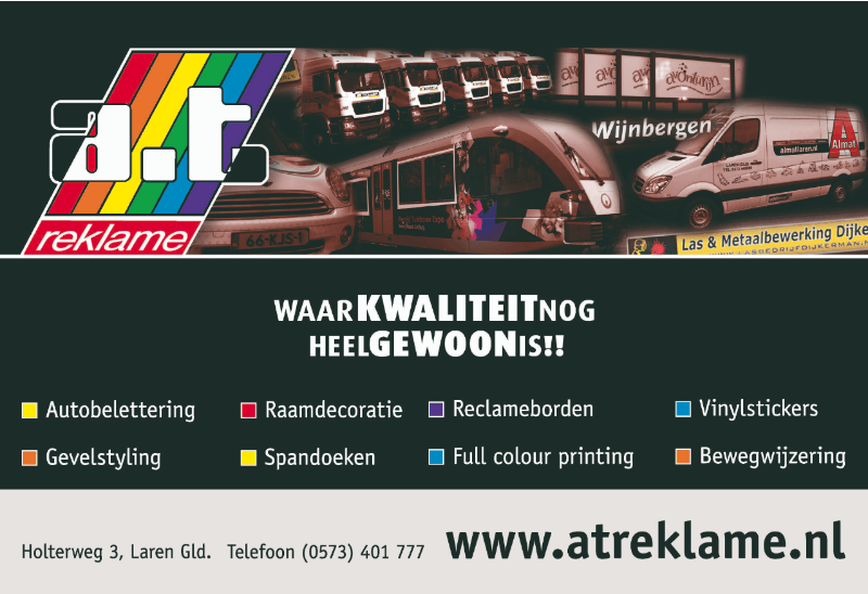 Advertentie voor een reclamebedrijf met voorbeelden van werk aan voertuigen. De tekst bevat een overzicht van de diensten en contactgegevens.