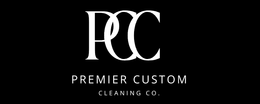 Logo for Premier Custom Cleaning Co., white letters "PCC" over text "Premier Custom Cleaning Co." on a black background.