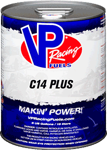 Can of VP Racing Fuels C14 PLUS. Blue and red label, white text, 