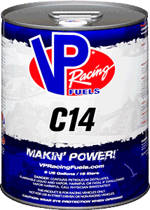 Can of VP Racing Fuels C14, blue and red label, 