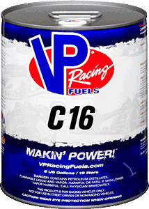 Blue and white VP Racing Fuels C16 fuel can with red logo; 