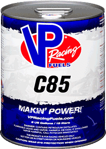 Can of VP Racing Fuels C85. Blue, white, and red label; 