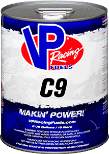 Can of VP Racing Fuels C9, blue and white with red logo, for racing vehicles.