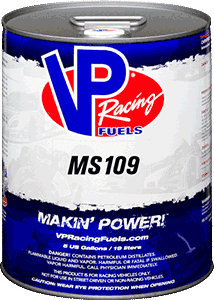 Blue and white VP Racing Fuels can labeled MS109. Contains red logo and warning text.