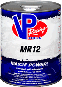 Blue and white VP Racing Fuels can labeled 