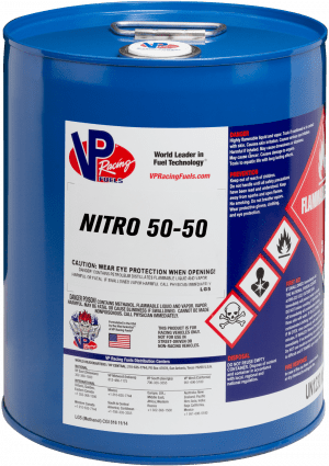 Blue VP Racing Nitro 50-50 fuel drum, with warning labels and hazardous symbols.
