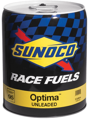 Sunoco race fuel can with blue, black, and yellow checkered pattern. 