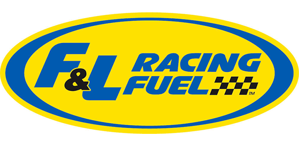 Logo for F&L Racing Fuel: blue letters on yellow background, yellow oval with blue outline, a checkered flag.