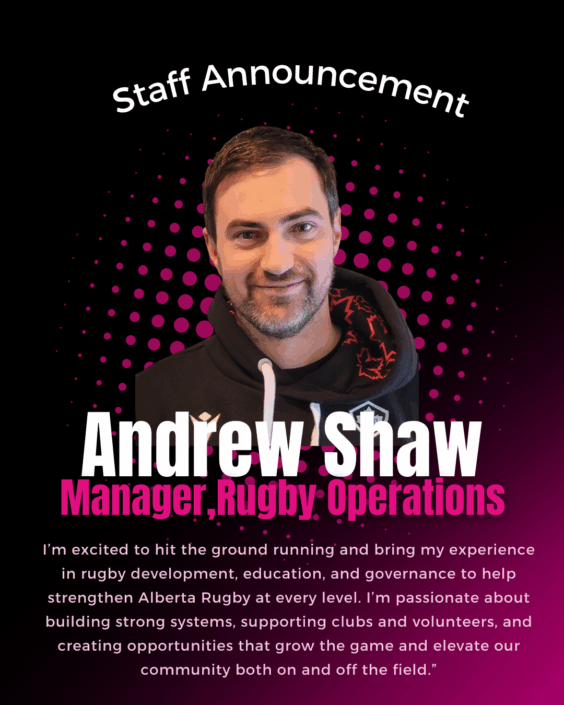 Staff announcement graphic featuring a headshot of Andrew Shaw, Manager, Rugby Operations, with a text summary of his role.