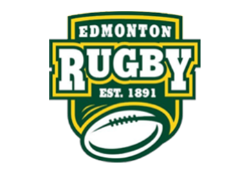 A green and yellow shield logo for Edmonton Rugby, featuring a rugby ball icon and the text 