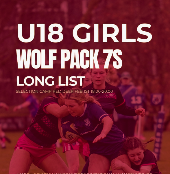 U18 Girls Wolf Pack 7s long list announcement overlaying a photo of rugby players in a match on a field.