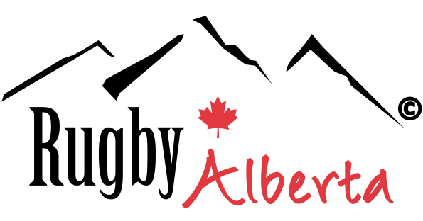 The logo for Rugby Alberta, featuring stylized black mountains, a red maple leaf, and the text 