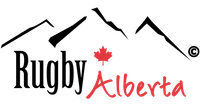 The logo for Rugby Alberta, featuring stylized black mountains, a red maple leaf, and the text