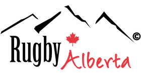 The logo for Rugby Alberta, featuring stylized black mountains, a red maple leaf, and the text 
