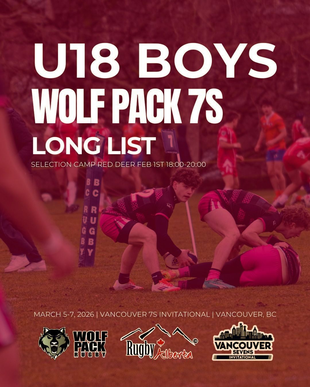 Poster for the U18 Boys Wolf Pack 7s team selection, featuring players on a rugby field and event logos.