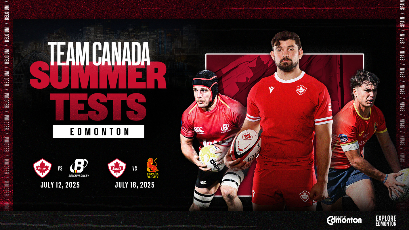 Promotional poster for Team Canada Summer Tests in Edmonton, featuring three rugby players and match date information.