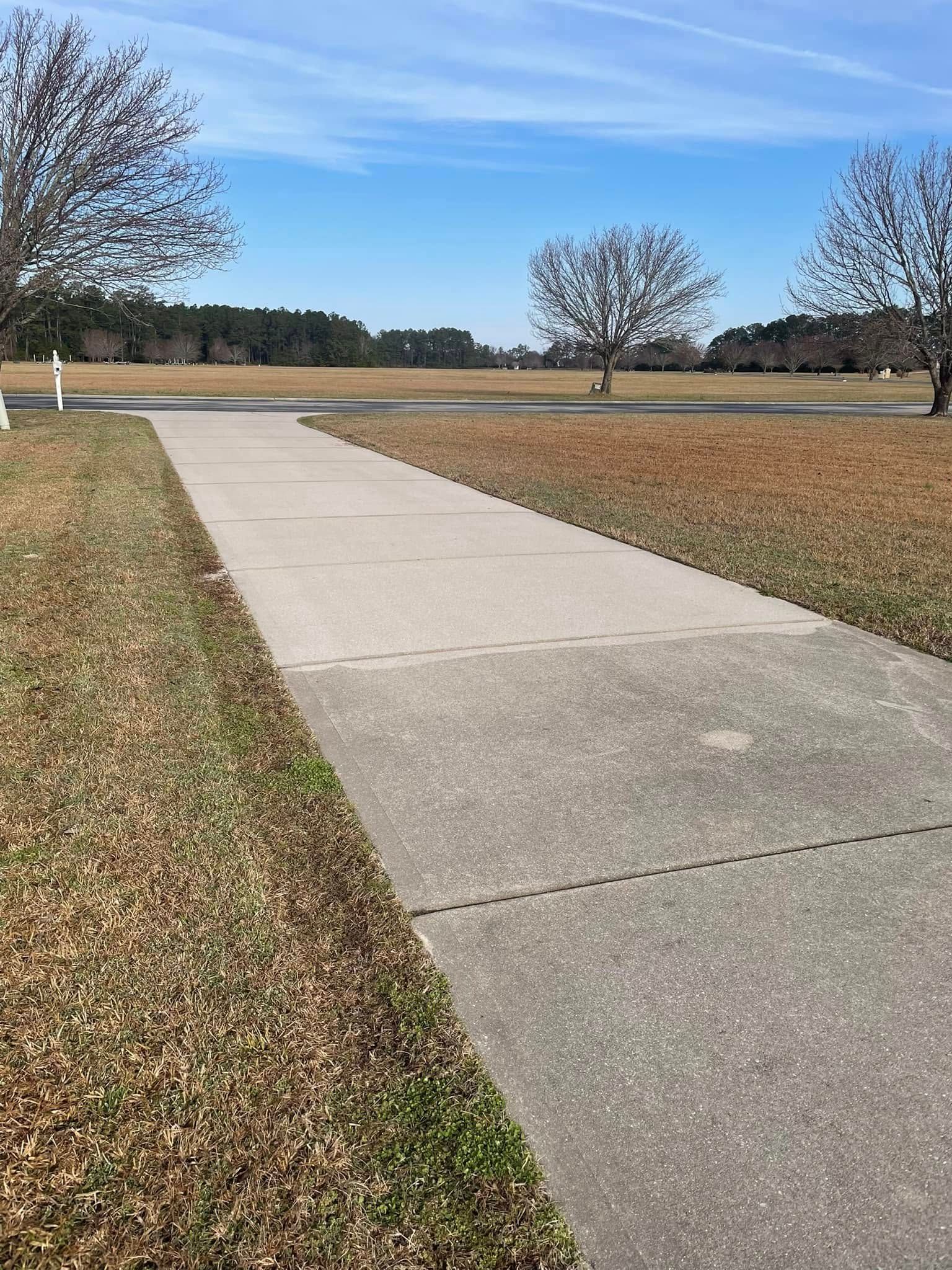 Concrete path through a grassy park under a clear blue sky, with leafless trees in the distance