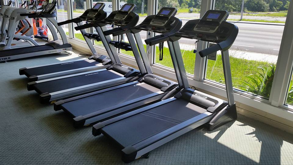 A row of treadmills are lined up in a gym.