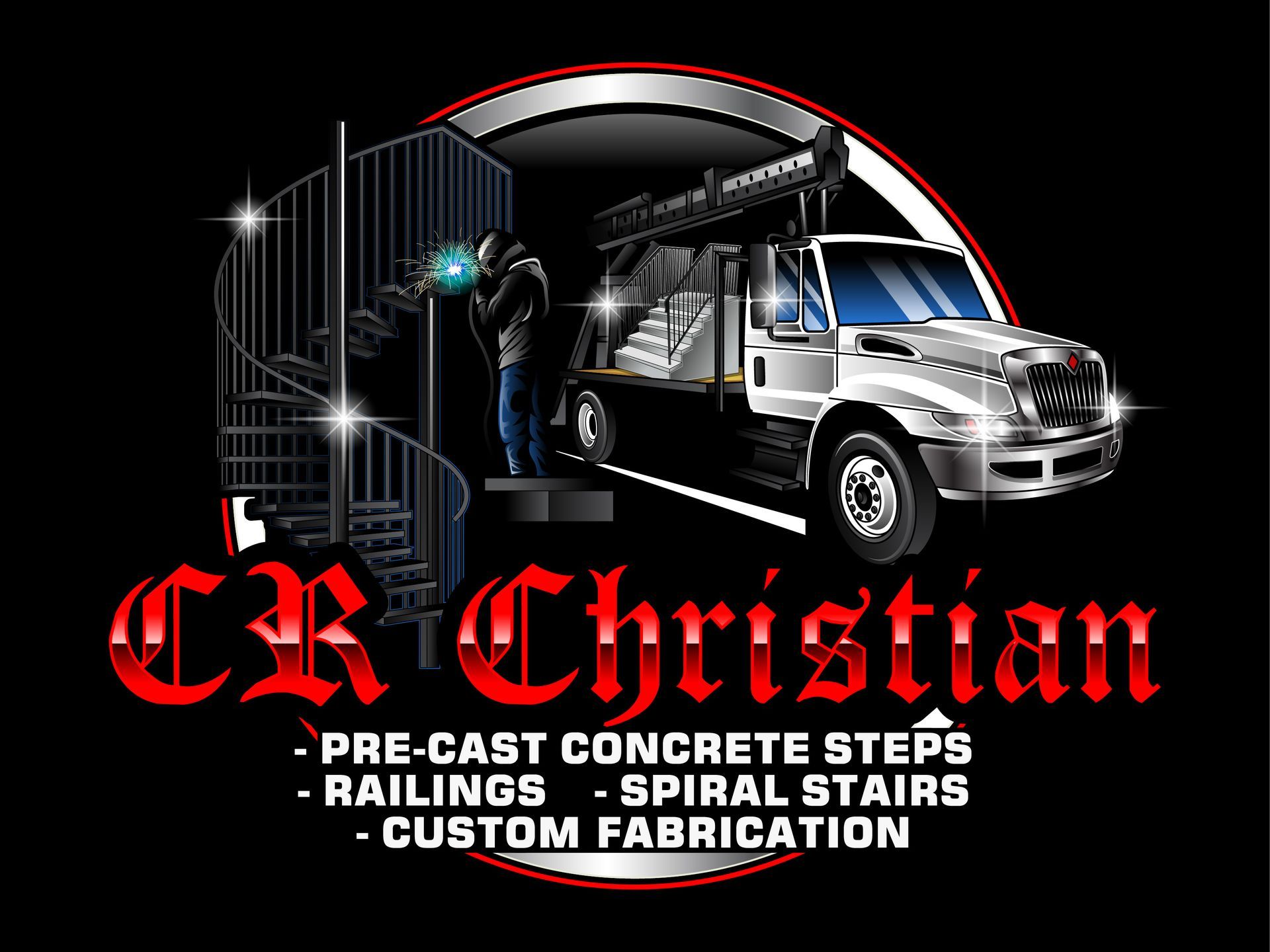 Logo for CR Christian: a worker welding near a spiral staircase, with a truck, and text: concrete steps, railings, stairs.