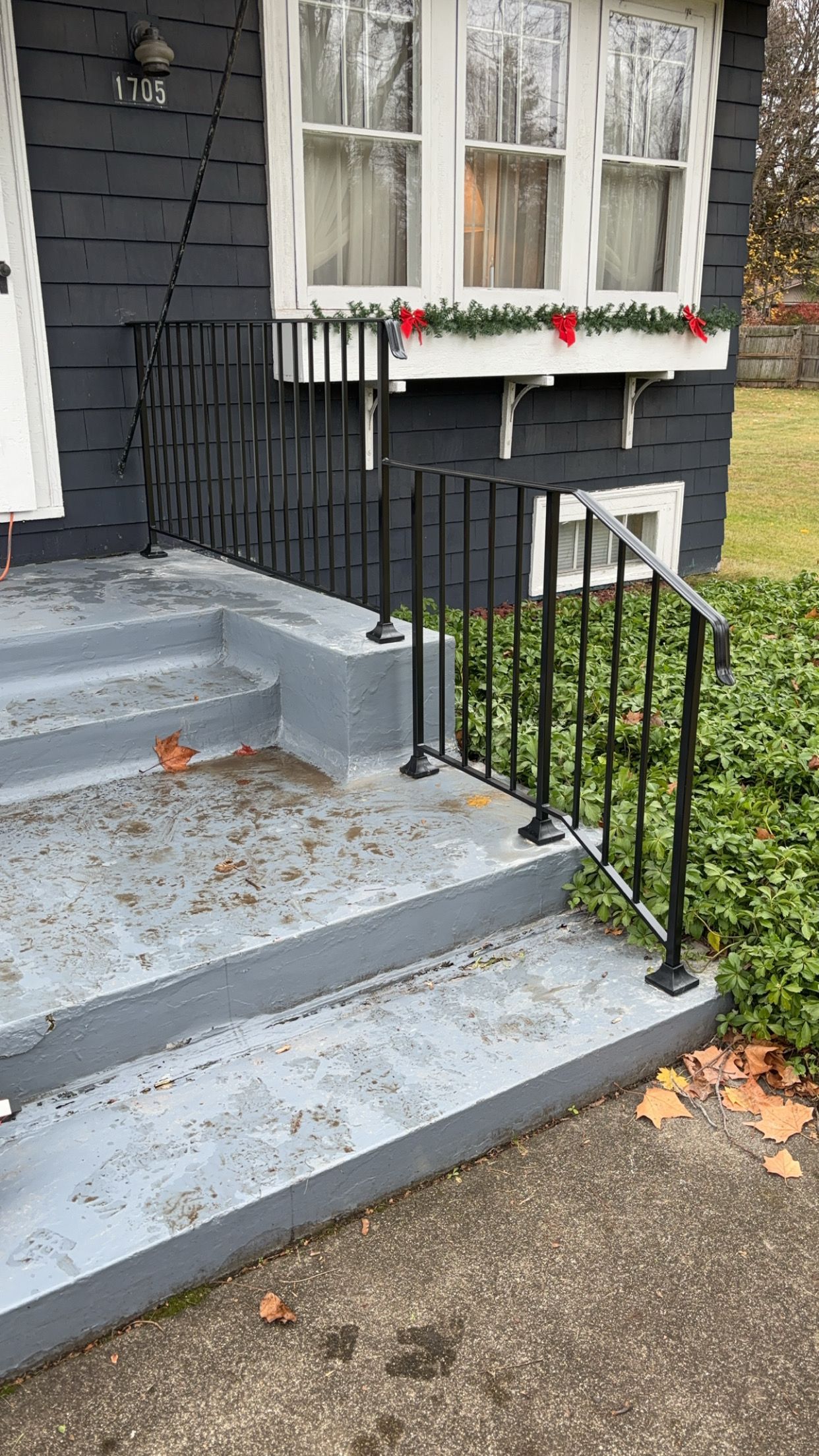 Black metal handrails on gray painted steps leading to a house with a window box.