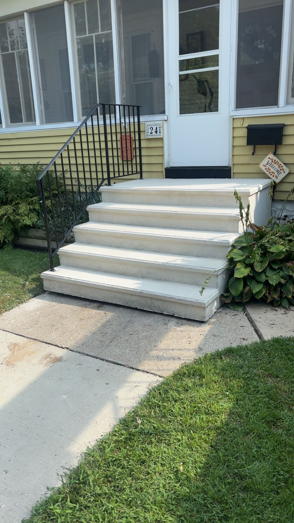 Cement steps lead to a house's front door with black railing, surrounded by grass and plants.