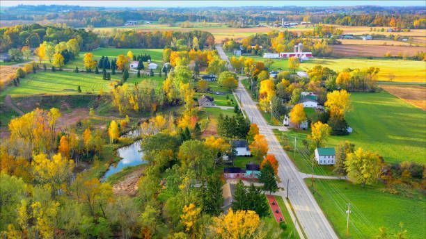 Autumn rural landscape with road, fields, houses, and trees in various colors.