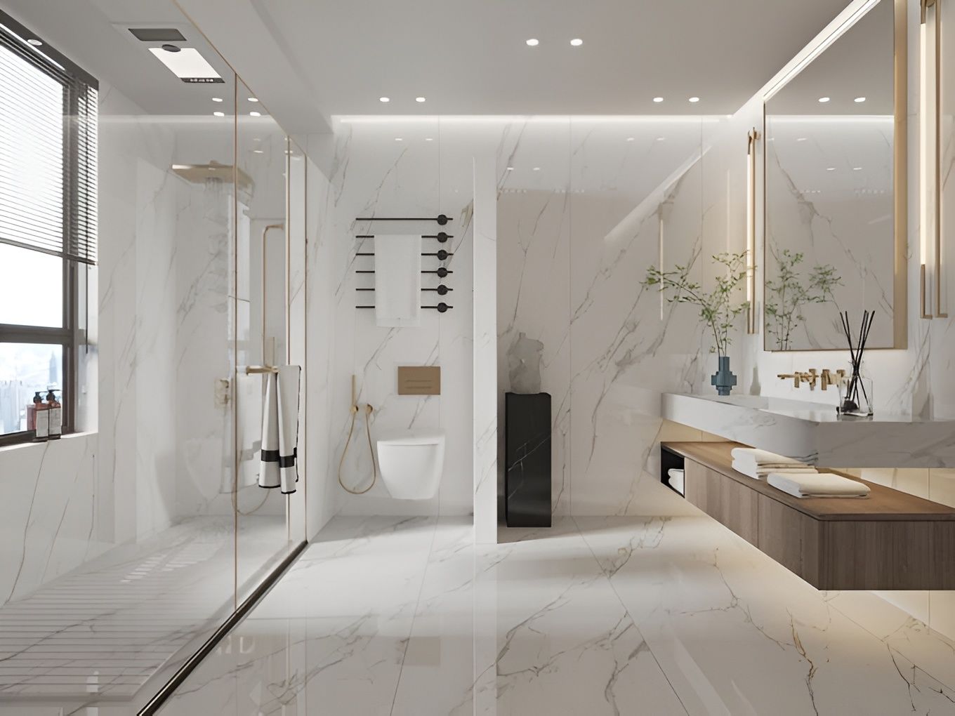 Modern, white marble bathroom with glass shower, toilet, and vanity.