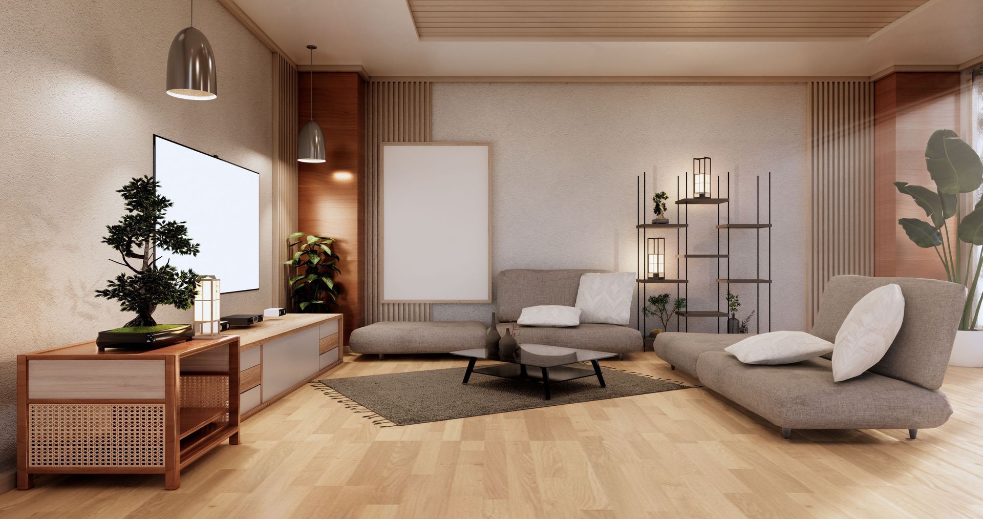 Modern living room with neutral colors, a sofa, and wooden floors.