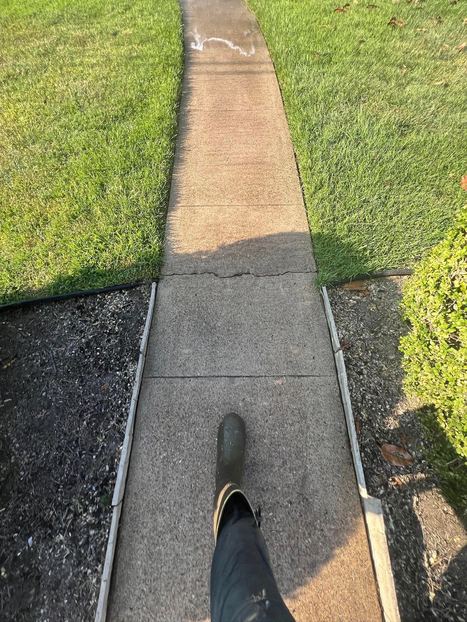 Person walking on a concrete sidewalk bordered by green grass.