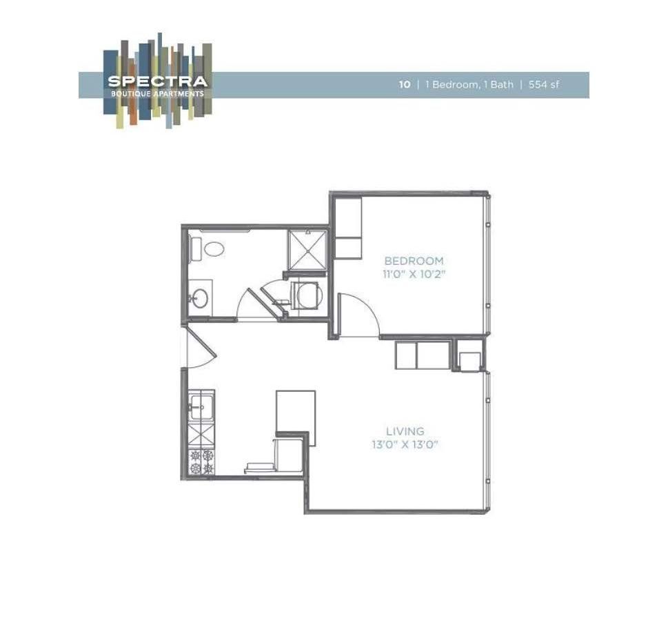 A black and white floor plan of a single bedroom apartment.