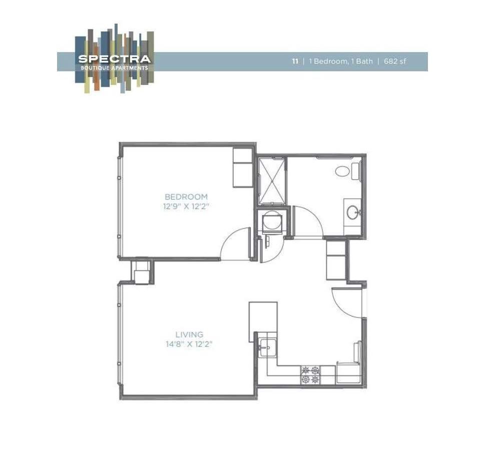 A black and white floor plan of a single bedroom apartment.