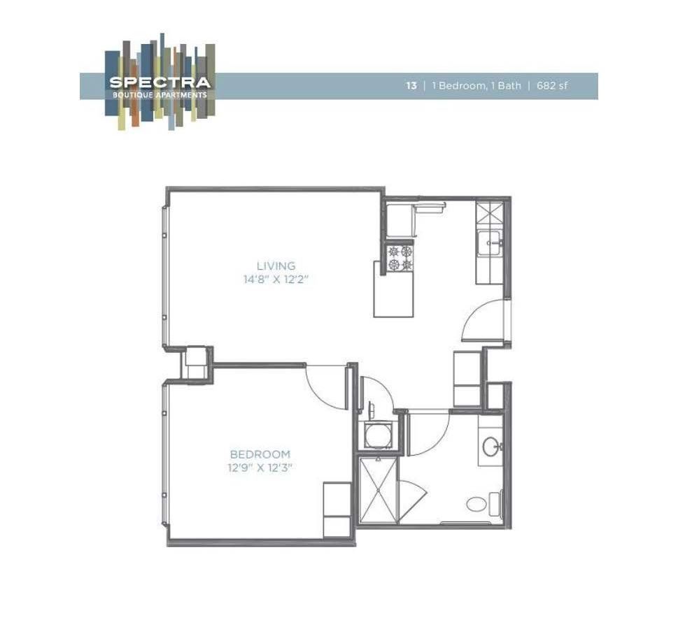 A black and white floor plan of a bedroom apartment.