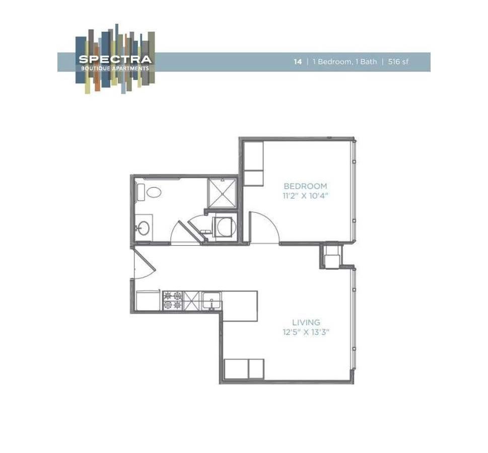 A black and white floor plan of a single bedroom apartment.