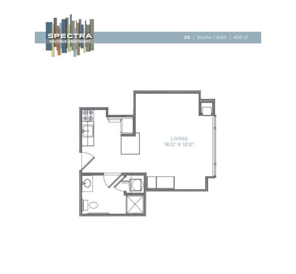 A floor plan of a small apartment with a kitchen and bathroom.