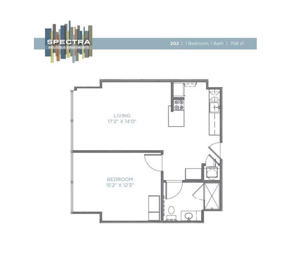 A black and white floor plan of a single bedroom apartment.