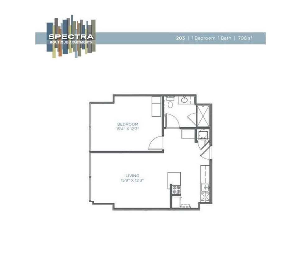 A black and white floor plan of a single bedroom apartment.