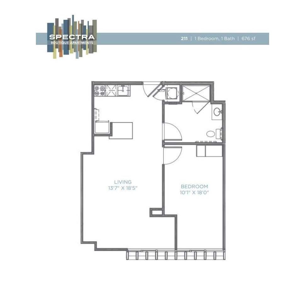 A black and white floor plan of a single bedroom apartment.