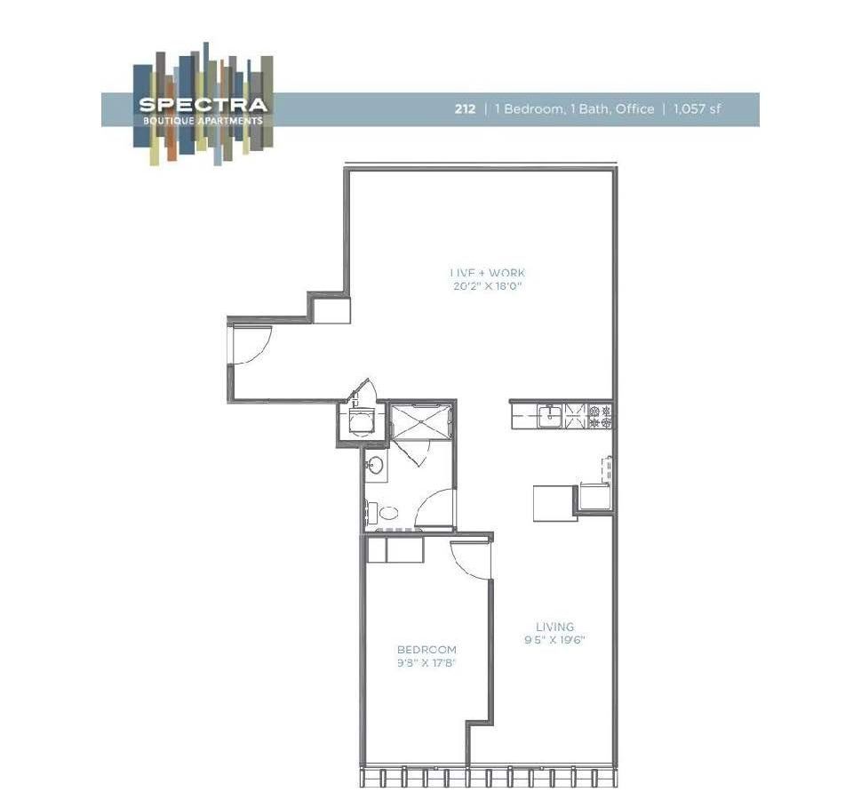 A black and white floor plan of a single bedroom apartment.