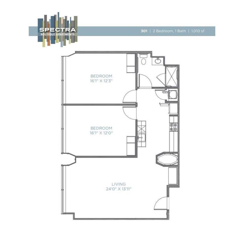 A floor plan of a house with two bedrooms and a bathroom.