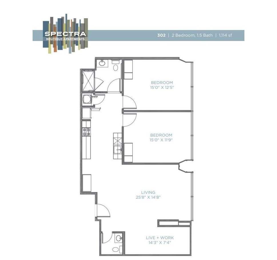 A floor plan of a house with two bedrooms and a kitchen.