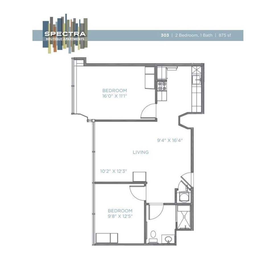A black and white floor plan of a single bedroom apartment.