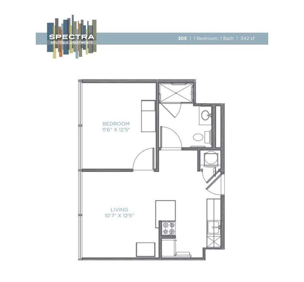 A floor plan of a single bedroom apartment with a balcony.