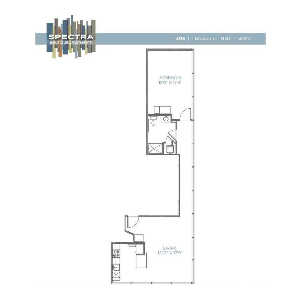 A black and white floor plan of a single bedroom apartment.