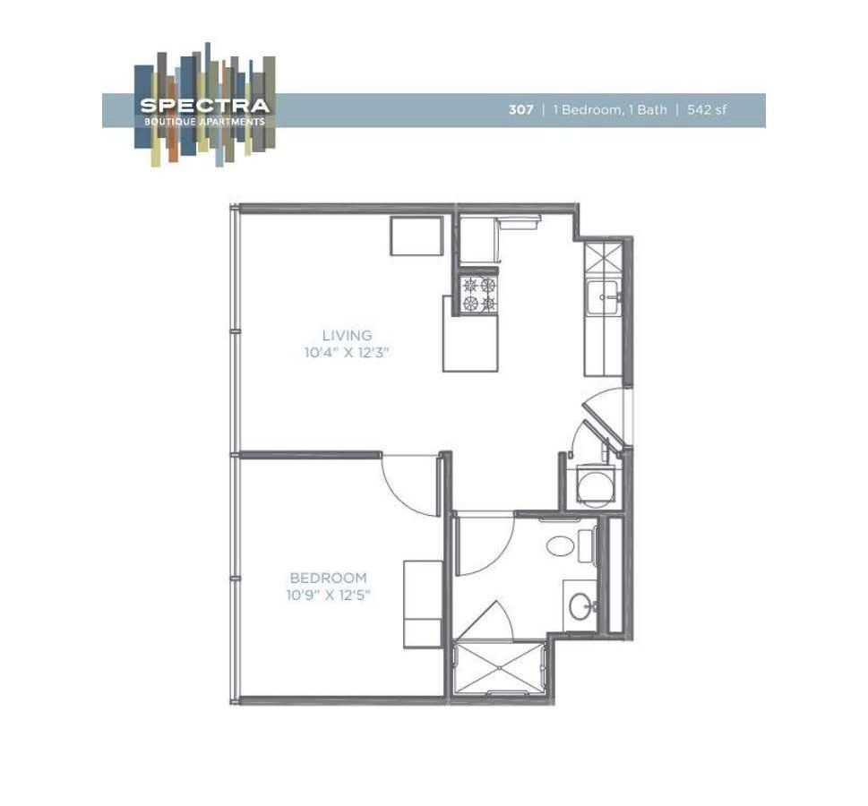 A floor plan of a small apartment with a bedroom , kitchen , and bathroom.